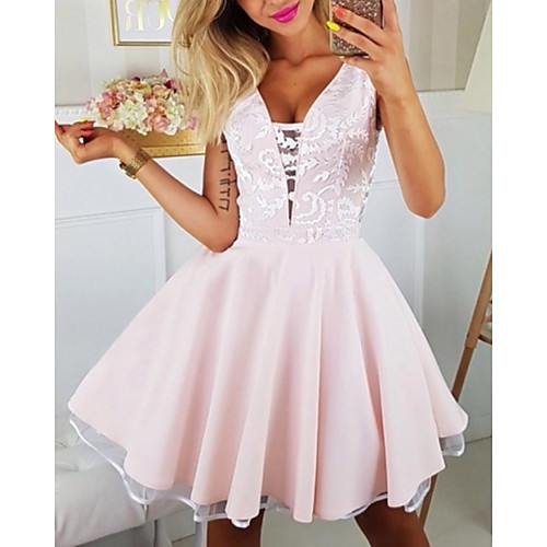 

A-Line Empire Minimalist Engagement Cocktail Party Dress V Neck Sleeveless Short / Mini Satin with Lace Insert 2021