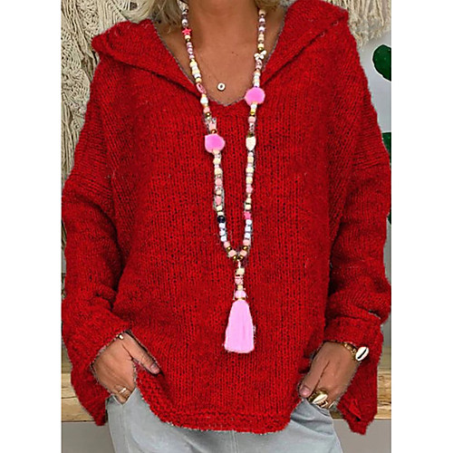 

Women's Stylish Knitted Solid Color Pullover Acrylic Fibers Long Sleeve Sweater Cardigans Hooded Fall Winter Black Red Brown