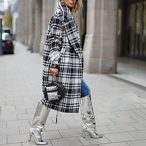 

Women's Trench Coat Going out Fall & Winter Long Coat Regular Fit Jacket Long Sleeve Plaid Black