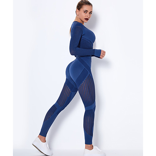 

Women's 2pcs Yoga Suit Winter Seamless Thumbhole Mesh Black Burgundy Dark Gray Nylon Yoga Fitness Gym Workout High Waist Cropped Leggings Crop Top Clothing Suit Long Sleeve Sport Activewear Tummy