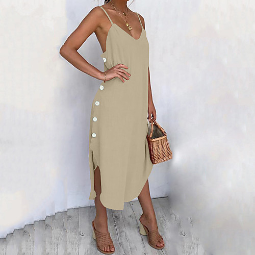 

Women's Swing Dress Midi Dress Yellow Khaki White Black Red Sleeveless Solid Color Patchwork Fall Summer V Neck Elegant Casual Going out Loose 2021 S M L XL XXL 3XL 4XL 5XL