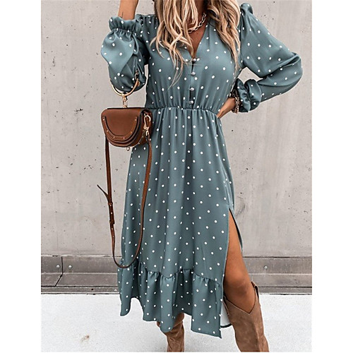 

Women's A Line Dress Midi Dress Blue Khaki Long Sleeve Print Patchwork Print Fall V Neck Casual Slim 2021 S M L XL XXL