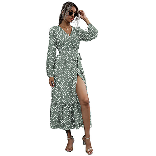 

Women's A Line Dress Midi Dress Royal Blue Light Green Long Sleeve Polka Dot Split Lace up Print Fall Winter V Neck Casual 2021 S M L XL / Cotton / Cotton
