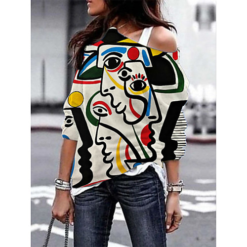 

Women's T shirt Abstract Graphic Prints Long Sleeve Print Round Neck Tops Basic Basic Top White