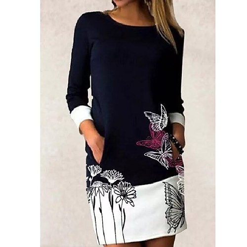 

Women's Sheath Dress Knee Length Dress Dusty Blue Black Long Sleeve Solid Color Patchwork Print Spring Summer Round Neck Elegant Vintage 2021 S M L XL XXL 3XL