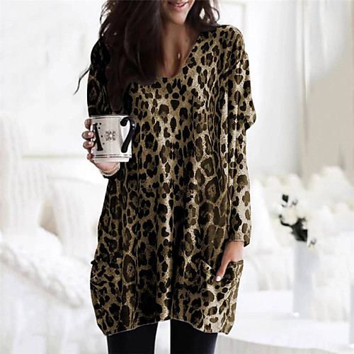 

Women's T shirt Dress Tunic T shirt Leopard Long Sleeve Print Round Neck Tops Beach Basic Top Khaki Brown Gray