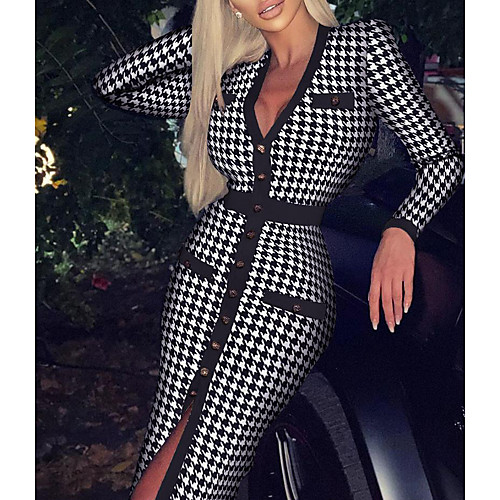 

Women's Sheath Dress Knee Length Dress Black Long Sleeve Houndstooth Tie Dye Patchwork Print Fall Spring V Neck Vintage Sexy Going out Slim 2021 S M L XL