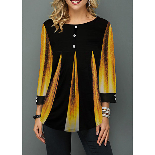 

Women's Blouse Shirt Color Block Long Sleeve Print Round Neck Tops Blue Purple Yellow
