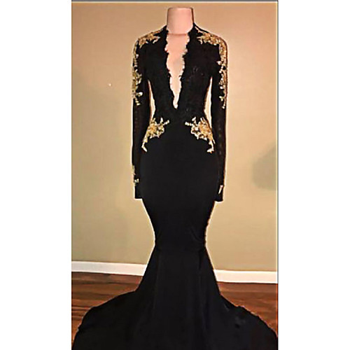 

Mermaid / Trumpet Beautiful Back Sexy Engagement Formal Evening Dress V Neck Long Sleeve Sweep / Brush Train Spandex with Appliques 2021