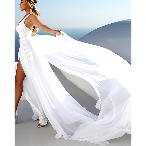 

A-Line Wedding Dresses V Neck Court Train Chiffon Sleeveless Beach with Split Front 2021