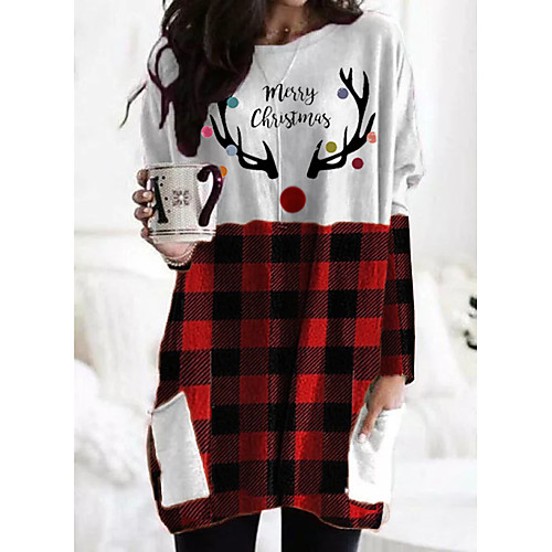 

Women's Christmas T shirt Dress Plaid Graphic Prints Reindeer Long Sleeve Pocket Patchwork Print Round Neck Tops Basic Christmas Basic Top White Black Red