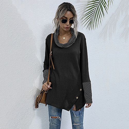 

Women's T shirt Color Block Long Sleeve Patchwork High Neck Tops Cotton Basic Basic Top Black Dark Gray