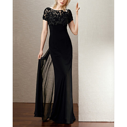 

Sheath / Column Beautiful Back Elegant Wedding Guest Formal Evening Dress Illusion Neck Short Sleeve Floor Length Chiffon with Beading 2021