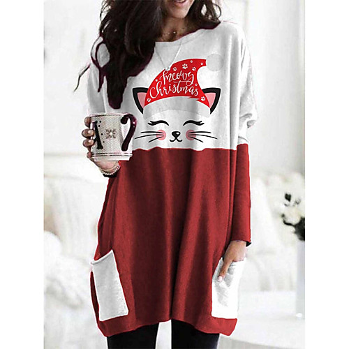 

Women's Shift Dress Short Mini Dress Gray Red Long Sleeve Print Patchwork Print Fall Spring Round Neck Casual Christmas Loose 2021 S M L XL XXL 3XL 4XL 5XL