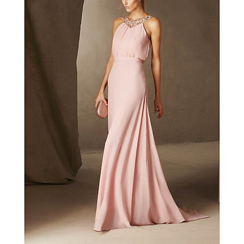 

Sheath / Column Sexy Floral Engagement Formal Evening Dress Jewel Neck Sleeveless Sweep / Brush Train Chiffon with Pleats Beading 2021