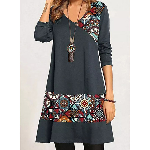 

Women's A Line Dress Short Mini Dress Gray Long Sleeve Print Patchwork Print Fall Winter V Neck Casual Loose 2021 S M L XL XXL 3XL / Plus Size / Plus Size