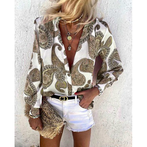 

Women's Blouse Shirt Graphic Prints Long Sleeve Print V Neck Vintage Tops Blue Red Khaki