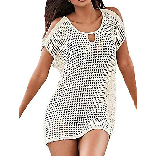 

women's crochet mini dress knit bathing suit bikini swimsuit cover up tunic top swimwear beachwear (beige)