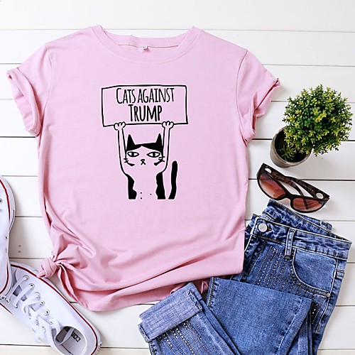 

Women's T shirt Cat Graphic Text Print Round Neck Tops 100% Cotton Basic Basic Top White Blue Yellow