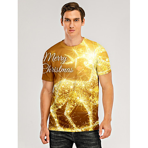 

Men's T shirt Shirt 3D Print Graphic 3D Letter Print Short Sleeve Christmas Tops Round Neck Gold