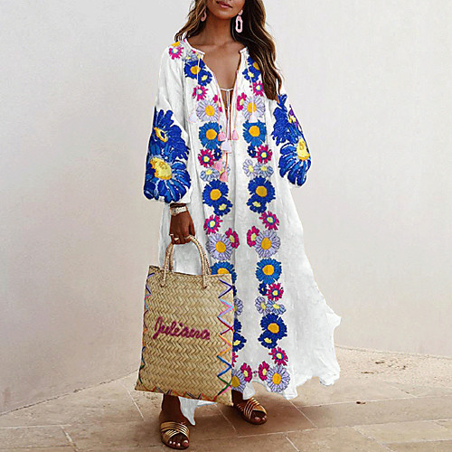 

Women's Swing Dress Maxi long Dress Blue Purple Gray Orange White Navy Blue Beige Long Sleeve Floral Lace up Patchwork Print Fall Spring V Neck Elegant Casual Going out vacation dresses Lantern Sleeve
