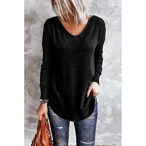 

Women's Blouse Solid Colored Long Sleeve Backless Round Neck Basic Tops Black