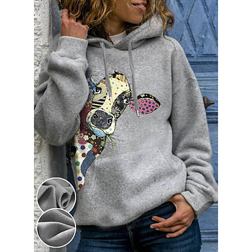 

Women's Hoodie Pullover Cartoon Graphic Front Pocket Daily Basic Casual Hoodies Sweatshirts Gray / Fleece Lining