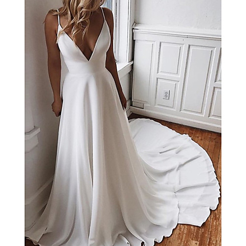 

A-Line Wedding Dresses V Neck Court Train Chiffon Sleeveless Simple Beach with 2021