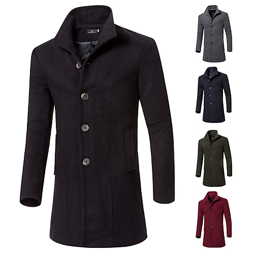 

Men's Trench Coat Party Fall & Winter Regular Coat Stand Collar Regular Fit Streetwear Jacket Long Sleeve Solid Colored Wine Army Green