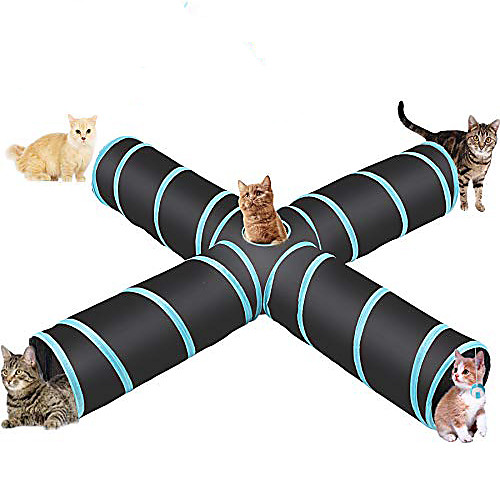 

4 way collapsible cat tunnel, roomy and tear resistant crinkle cat toy tube with cat teaser, storage bag and dangling toys, for cat, puppy, kitty, kitten, rabbit, dogs, indoor outdoor use