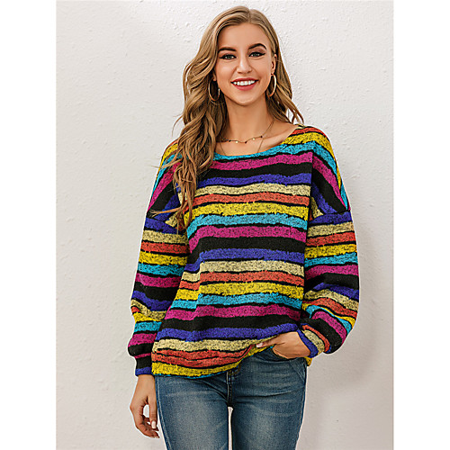 

Women's Ethnic Style Oversized Rainbow Pullover Long Sleeve Sweater Cardigans Crew Neck Fall Winter Rainbow