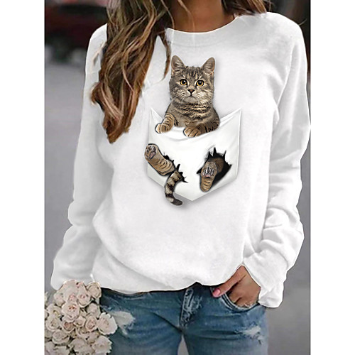 

Women's Hoodie Sweatshirt Cat Graphic 3D Daily Basic Casual Hoodies Sweatshirts White Black