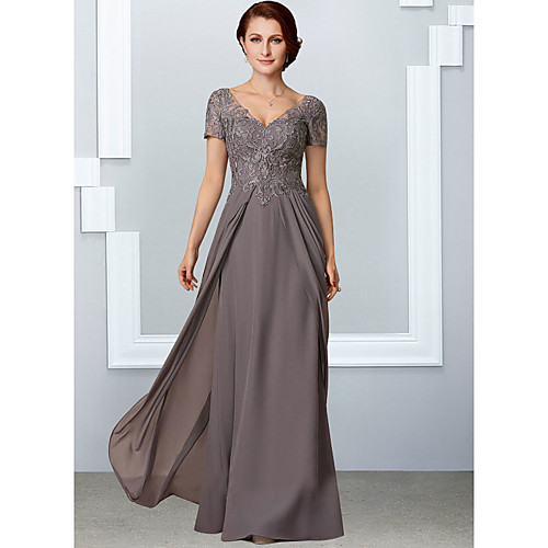 

A-Line Mother of the Bride Dress Elegant V Neck Floor Length Chiffon Lace Short Sleeve with Pleats Appliques 2021