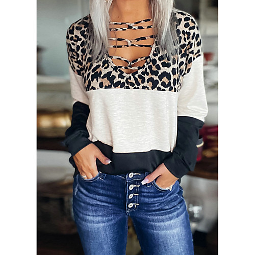 

Women's T shirt Leopard Long Sleeve Patchwork Print V Neck Tops Basic Basic Top Rainbow