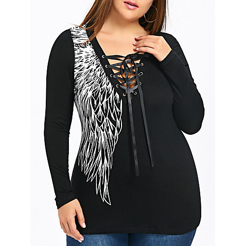 

Women's Plus Size Tunic Abstract Long Sleeve Cut Out Print V Neck Tops Cotton Black Purple Red