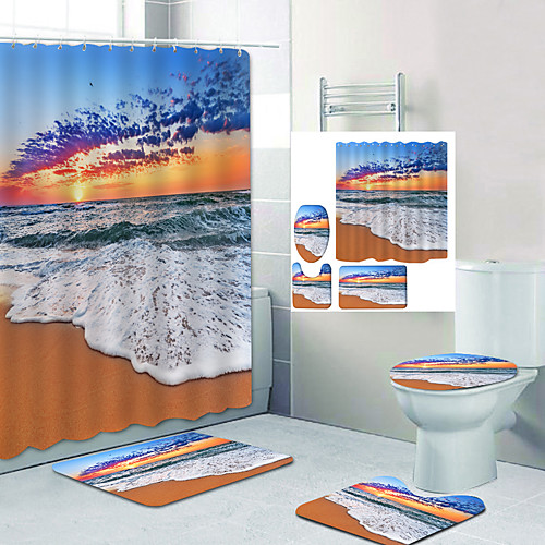 

Beach Sunset Digital Printing Four-piece Set Shower Curtains and Hooks Modern Polyester Machine Made Waterproof Bathroom