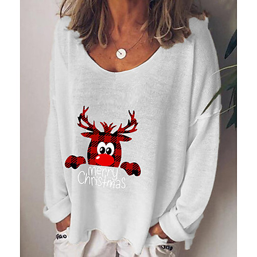 

Women's Christmas T shirt Cartoon Graphic Letter Long Sleeve Print V Neck Tops Basic Basic Top White Black Blue
