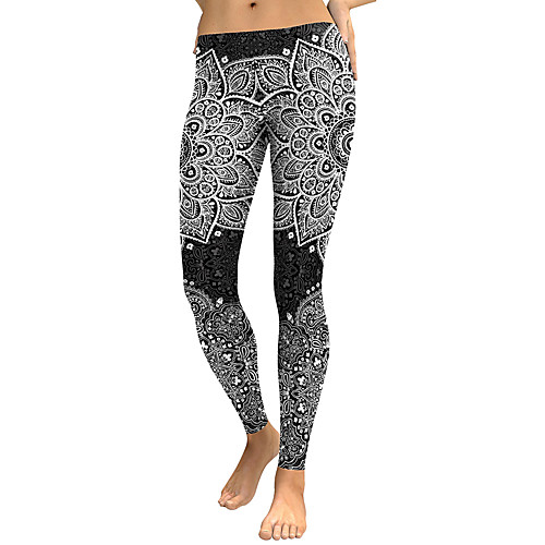 

Women's Sporty Comfort Skinny Gym Yoga Leggings Pants Patterned Full Length Print High Waist Black