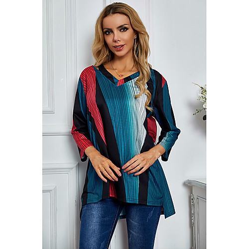 

Women's T shirt Rainbow Long Sleeve Print V Neck Tops Basic Basic Top Rainbow