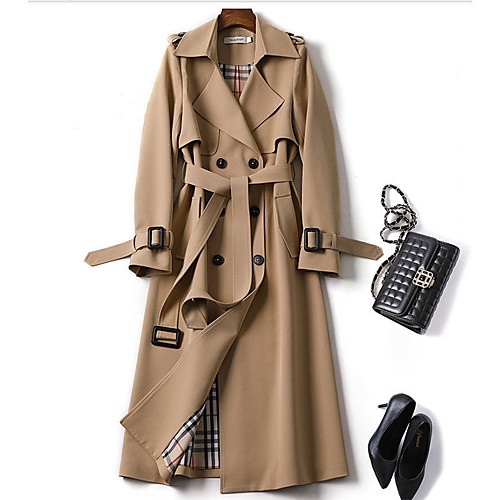 

Women's Trench Coat Daily Spring & Fall Long Coat Regular Fit Classic & Timeless Jacket Long Sleeve Plaid Lace up Blue Camel / Work / Patchwork