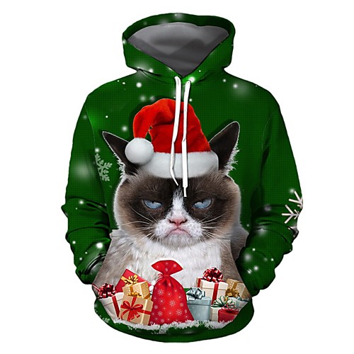 

Men's Pullover Hoodie Sweatshirt Cartoon Cat 3D Hooded Christmas 3D Print Casual Christmas Hoodies Sweatshirts Long Sleeve Green