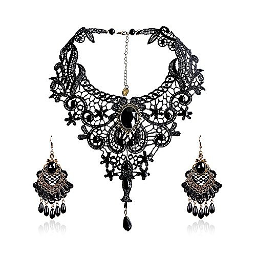 

elegant vintage black lace victorian lolita gothic pendant choker necklace earrings set