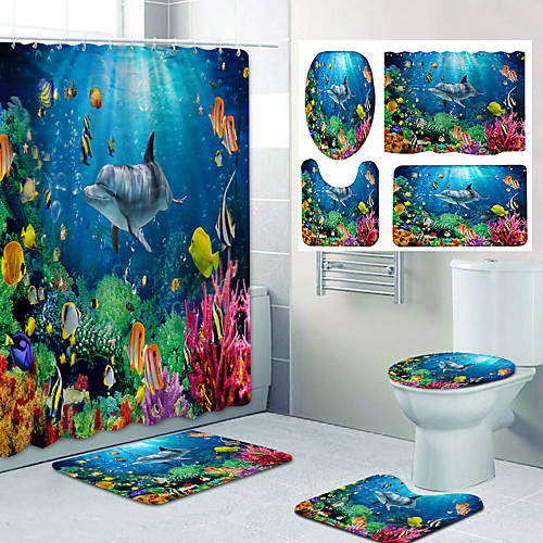 

Underwater World Pattern Printing Bathroom Shower Curtain Leisure Toilet Four-Piece Design