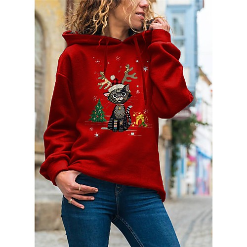 

Women's Pullover Hoodie Sweatshirt Cat Graphic Christmas Daily Basic Christmas Hoodies Sweatshirts Gray Red