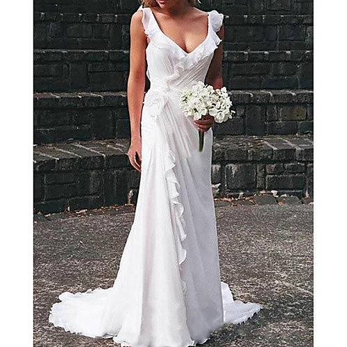 

Sheath / Column Wedding Dresses V Neck Court Train Chiffon Sleeveless Simple Beach with Ruffles 2021