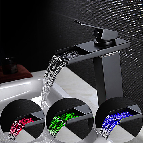 

Single HandleBathroomFaucet Black One Hole LED Color Changes with Temperature WaterfallBrass Bathroom Sink Faucet with Hot and Cold Water