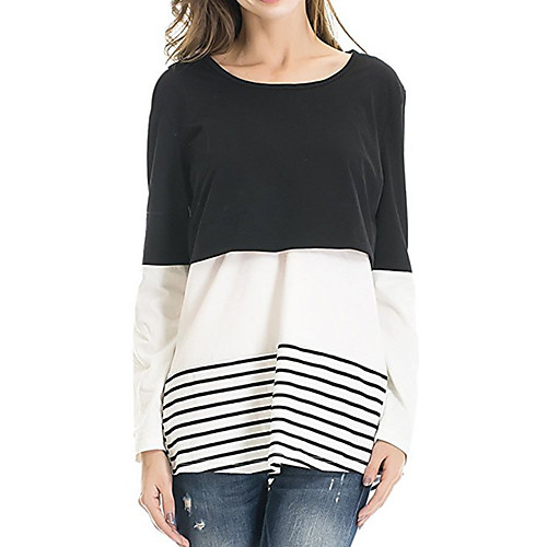 

Women's T shirt Striped Long Sleeve Round Neck Tops Cotton Basic Basic Top Black Royal Blue Gray