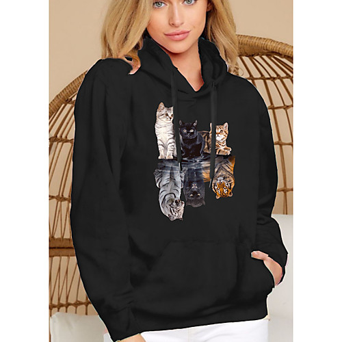 

Women's Hoodie Pullover Cat Graphic 3D Front Pocket Daily Basic Casual Hoodies Sweatshirts Black