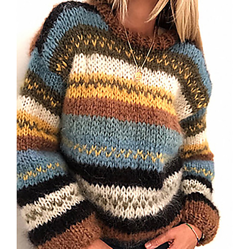 

Women's Knitted Striped Color Block Pullover Long Sleeve Sweater Cardigans Crew Neck Fall Winter Blue