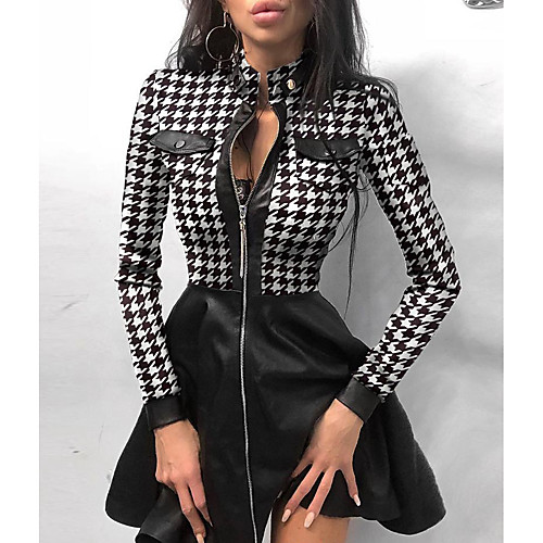 

Women's A Line Dress Short Mini Dress Black Long Sleeve Houndstooth Geometric Tie Dye Zipper Patchwork Print Fall Spring Turtleneck Work Sexy Going out Slim 2021 S M L XL
